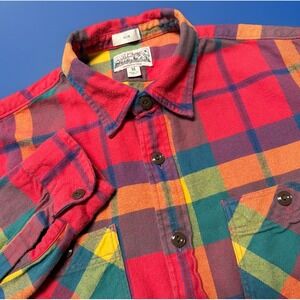 J Crew Shirt Mens Medium Orange Blue Plaid Flannel Sporting Goods 100% Cotton
